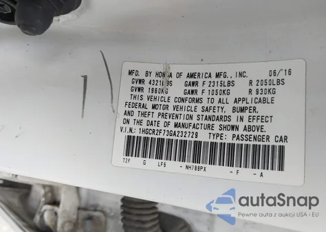 2016 Honda Accord Ex z USA, uszkodzony, nr VIN 1HGCR2F73GA232729